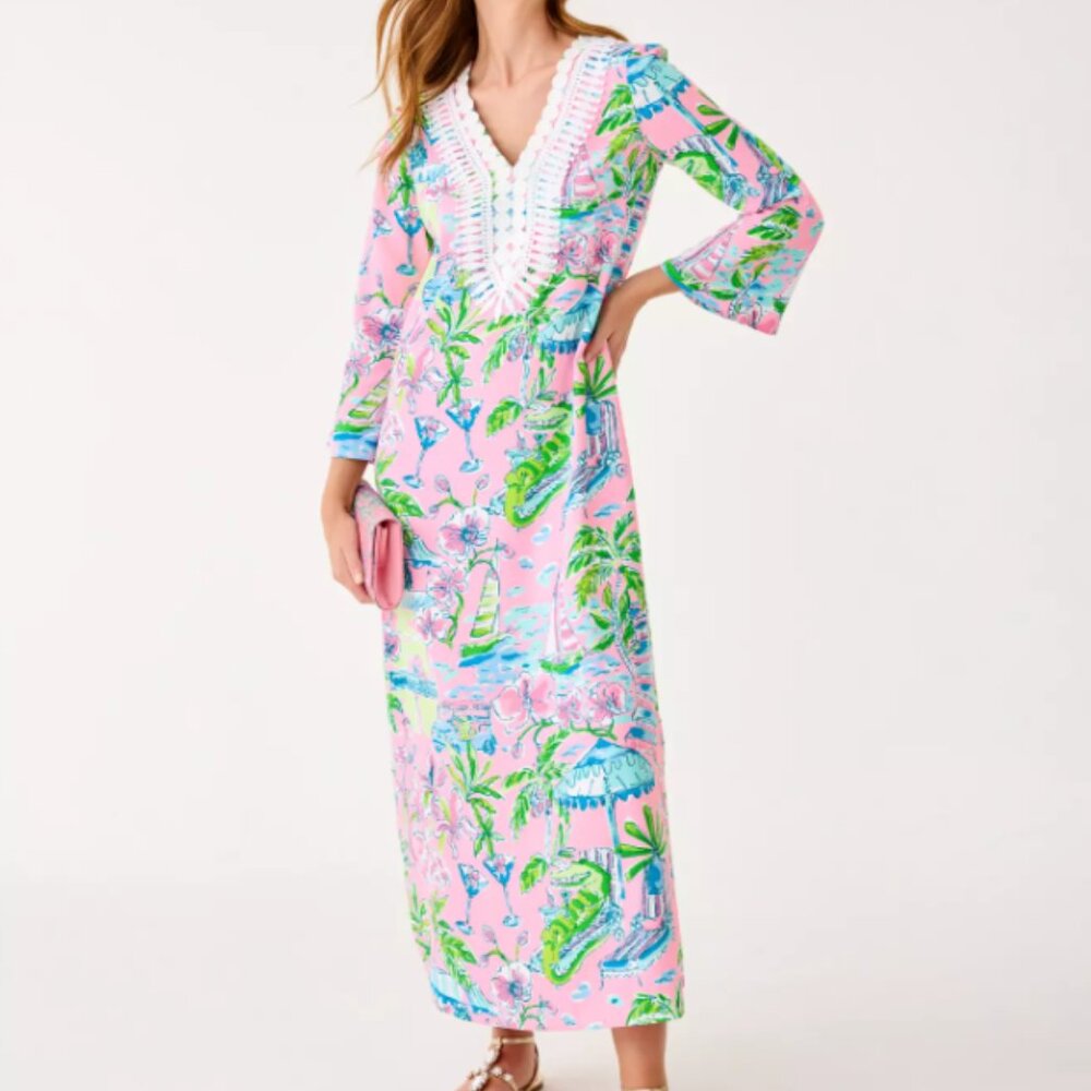 Lilly Pulitzer Ocleppo V-Neck Maxi Caftan Size 10 in Conch Shell Pink Sunny Dee - Picture 4 of 11